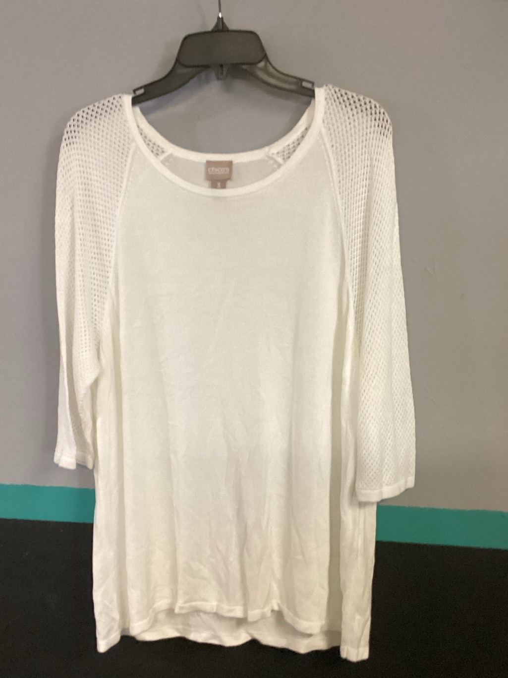 Chico's White Knit Top With Mesh Raglan Sleeves